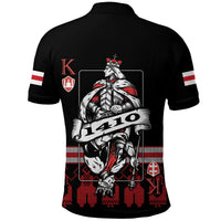 Black polo shirt back view with Belarus flag sleeve stripes and large knight graphic