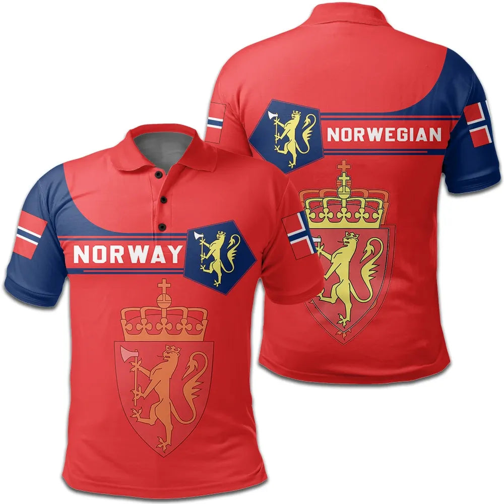 Red polo shirt with Norway badge, 'NORWAY' text, and blue-red shoulder flag