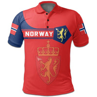 Red polo shirt front: 'NORWAY' lettering, crest shield, and short sleeves with stripes