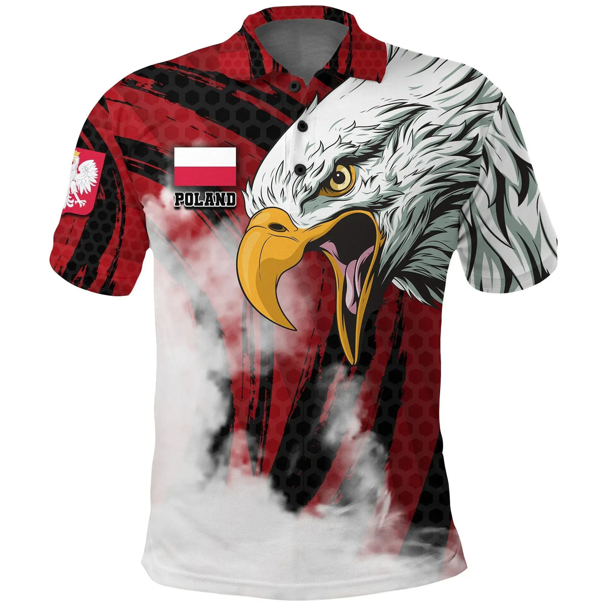 Red/black/white Poland polo with large eagle print and sleeve flag patch