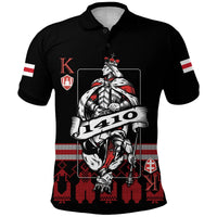 Black polo shirt with Belarus flag sleeve stripes and knight front graphic