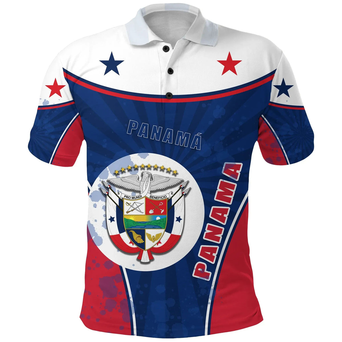 Panama polo shirt with blue/red/white design, stars, crest and 'PANAMÁ' text