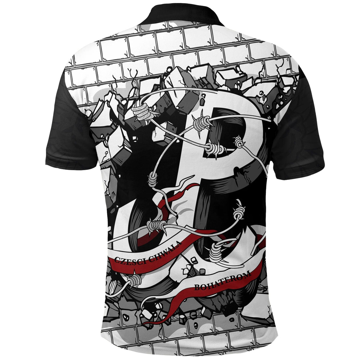 Back view black polo with white panel, large eagle graphic across shoulders, red details