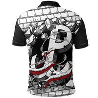 Back view black polo with white panel, large eagle graphic across shoulders, red details