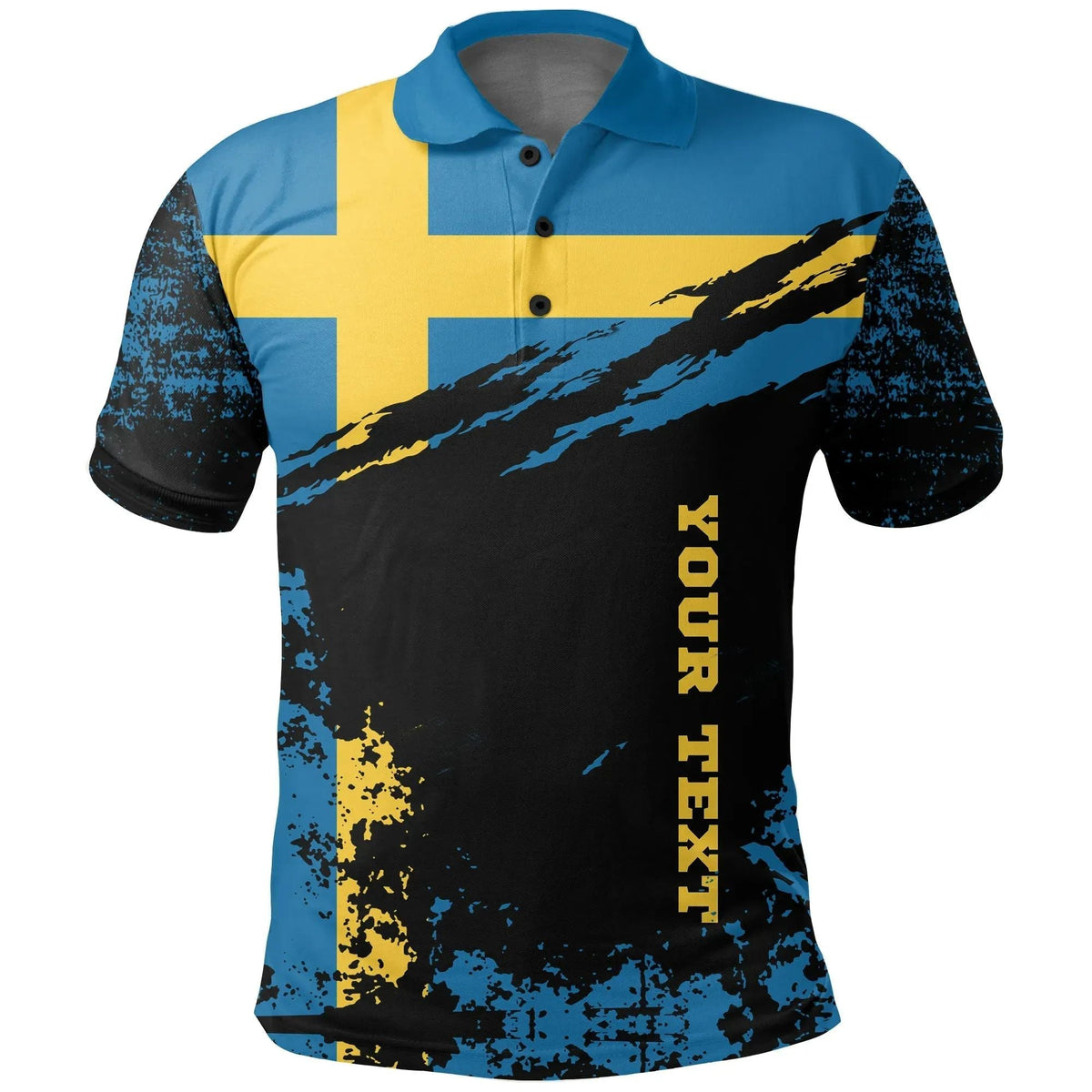 Blue and yellow Swedish flag graphic polo shirt with black diagonal stripe and vertical text