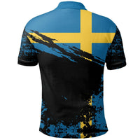 Back view blue and yellow Swedish flag polo with black diagonal stripe and splatter print