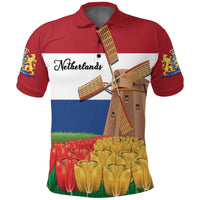 Red polo shirt with Netherlands windmill and tulips graphic on front