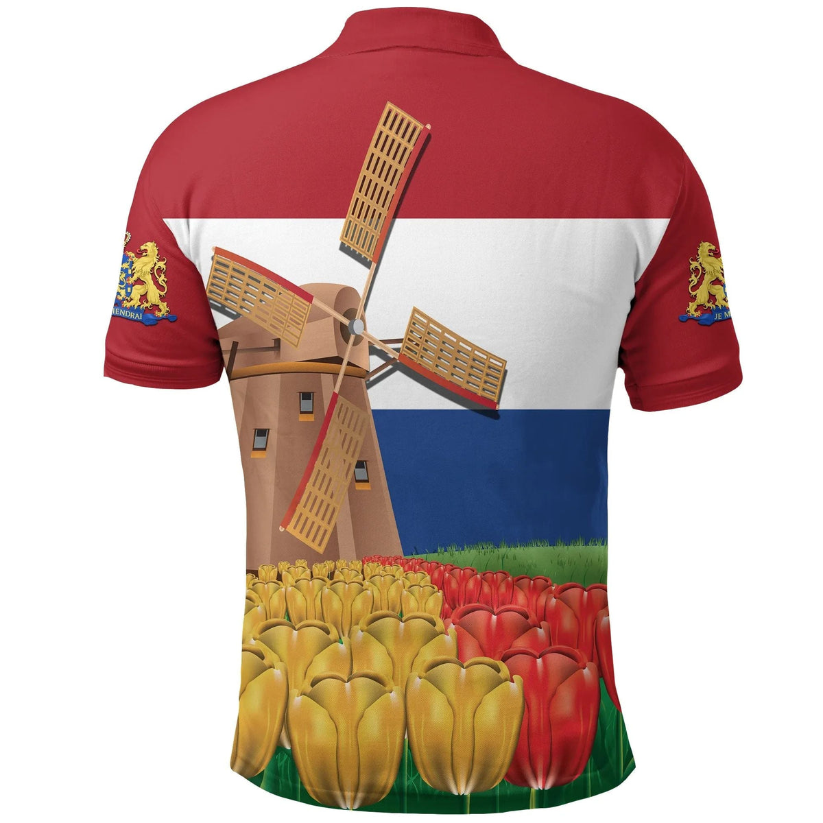 Red polo shirt back with Netherlands windmill and tulips graphic