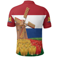 Red polo shirt back with Netherlands windmill and tulips graphic