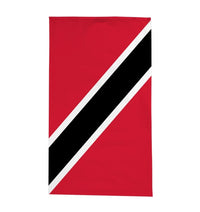 Cotton tablecloth flat view, red background with black center stripe and white borders