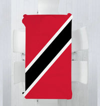 Cotton tablecloth: red, black & white diagonal stripe design, stitched edges