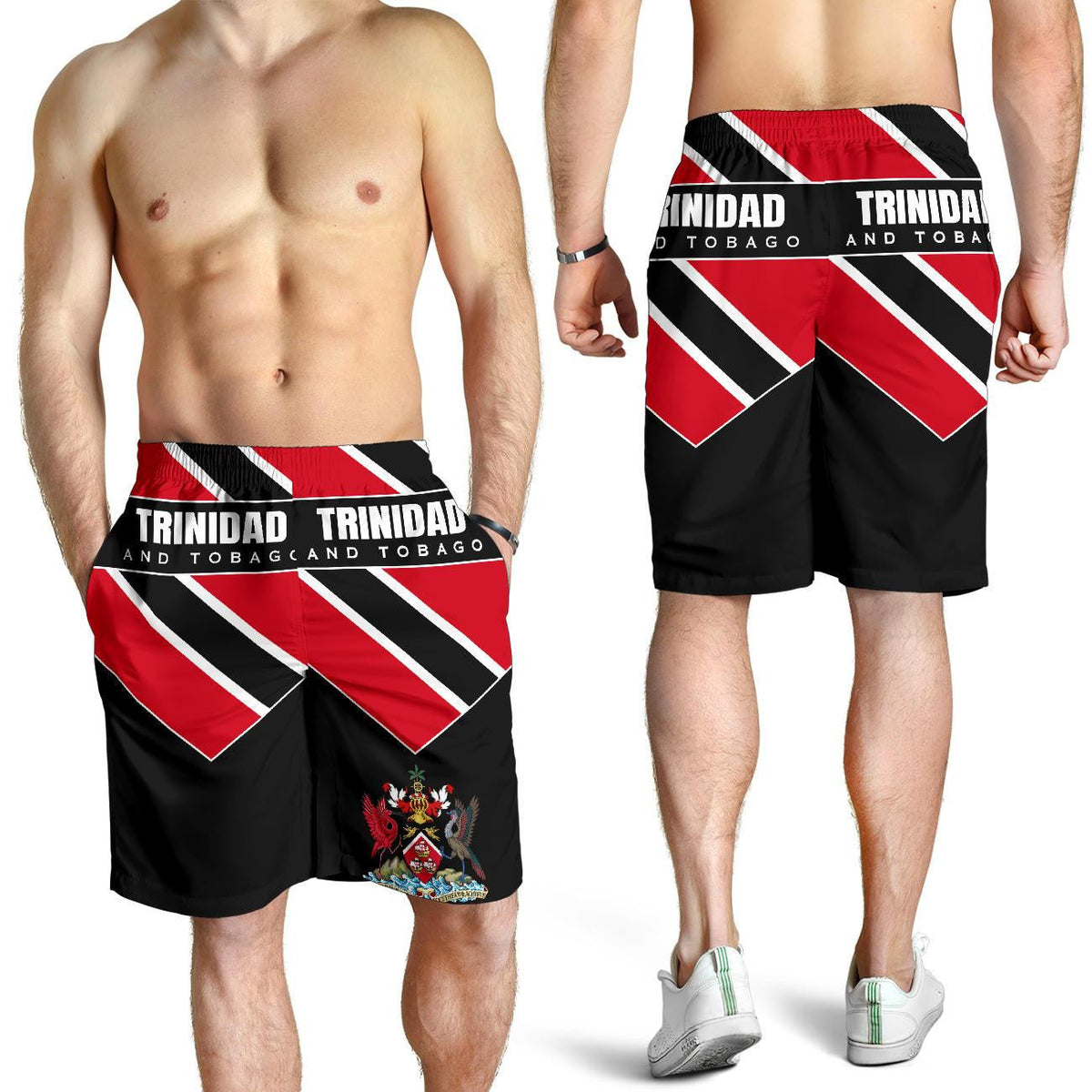 Model wearing Trinidad and Tobago swim shorts, red black white stripes with logo waistband