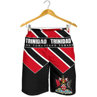 Swim shorts on hanger, red and black flag stripes with elastic waistband and crest hem