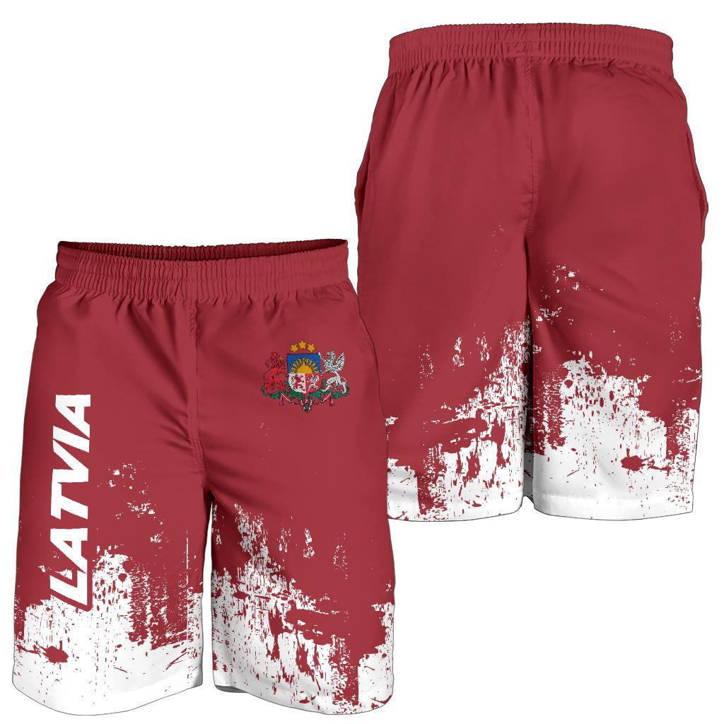 Latvia maroon shorts with crest and white splatter print; elastic waistband