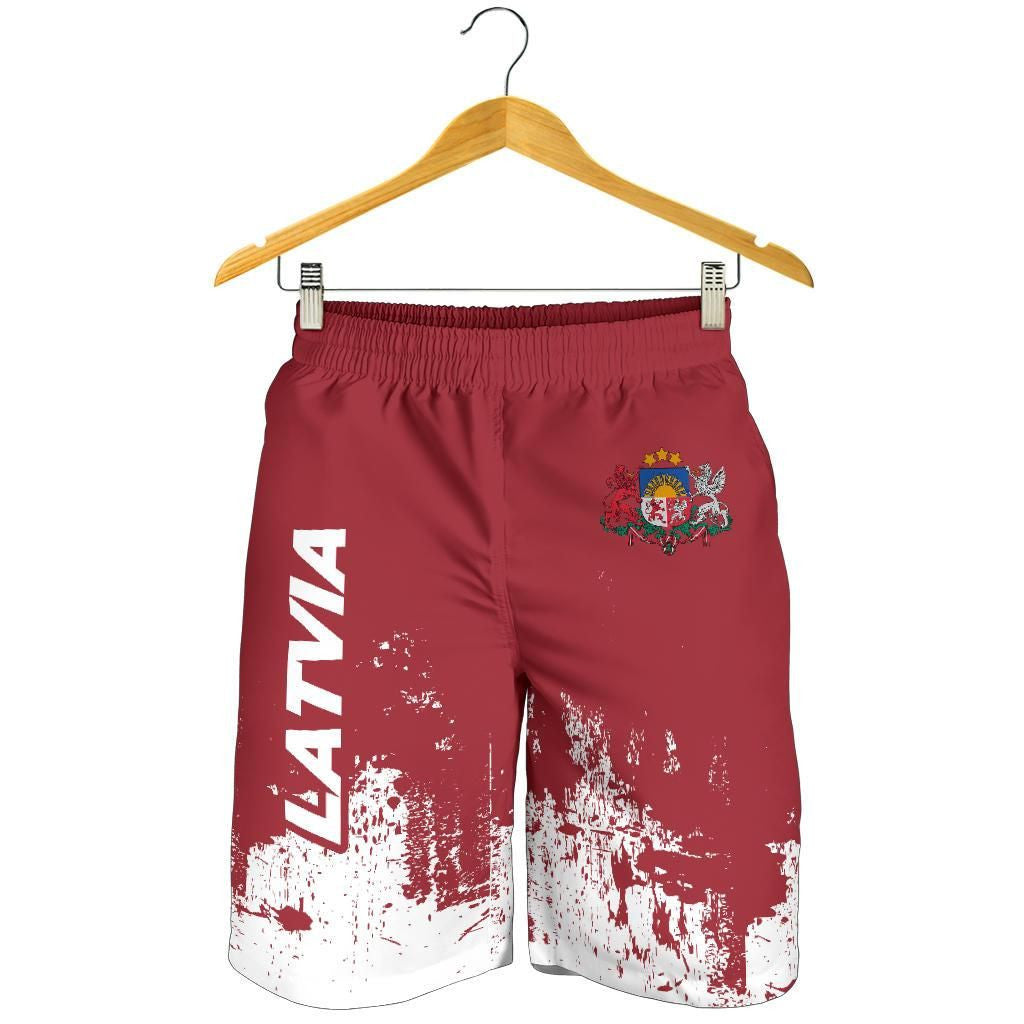 Men's maroon shorts with elastic waistband, Latvia crest and white splatter print