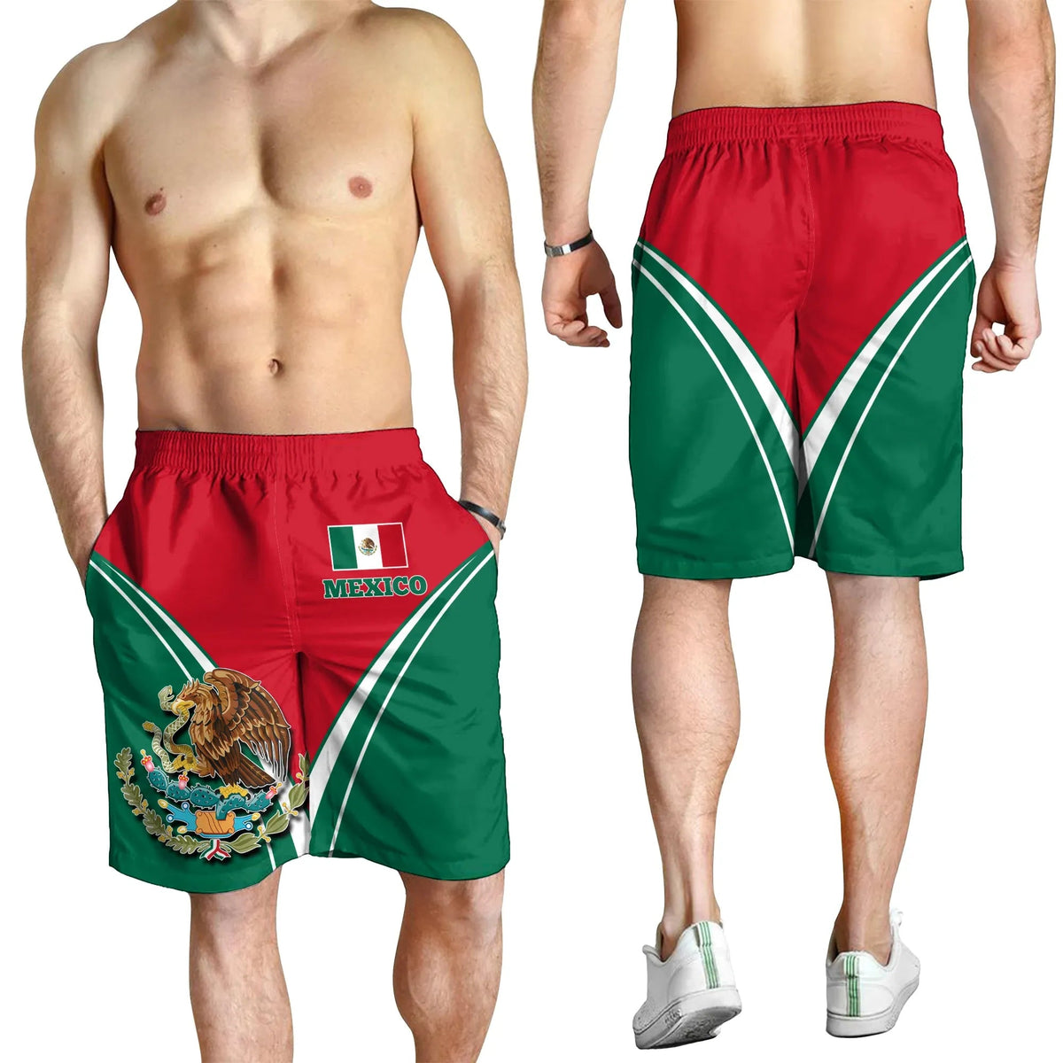 Men’s Mexico flag shorts worn, red front and green side panels with white V stripes and emblem