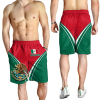 Men’s Mexico flag shorts worn, red front and green side panels with white V stripes and emblem