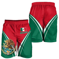 Men’s Mexico pride swim shorts, red front with green panels, white V stripes, elastic waist