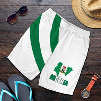 Nigeria flag print shorts, white with green diagonal stripes and Nigeria emblem