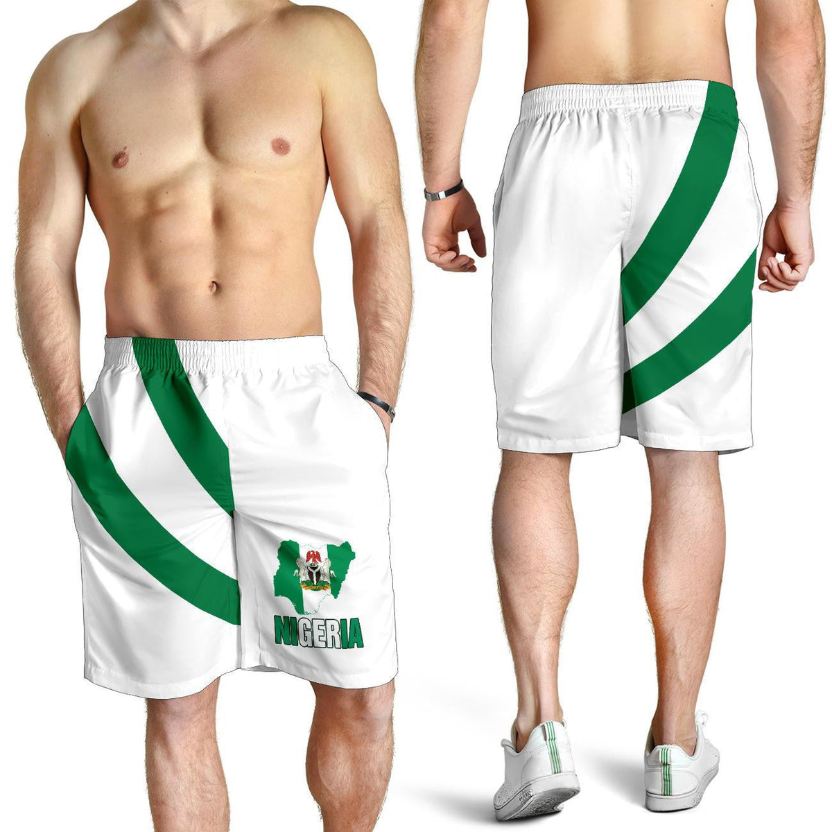 Nigeria flag shorts worn by men, white fabric with green diagonal stripe and Nigeria logo