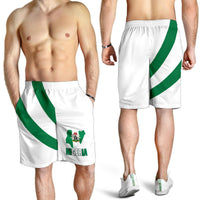 Nigeria flag shorts worn by men, white fabric with green diagonal stripe and Nigeria logo
