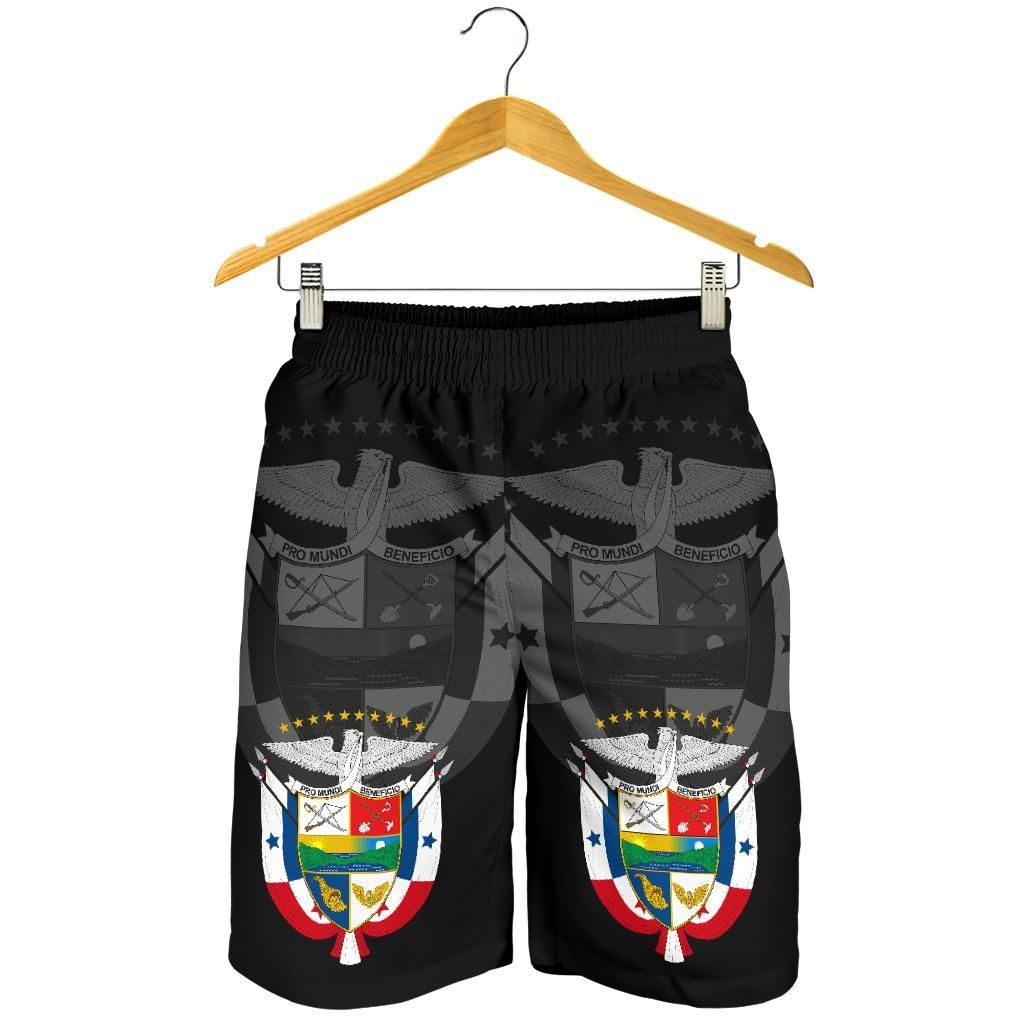 Black elastic-waist shorts with large crest graphic on each leg