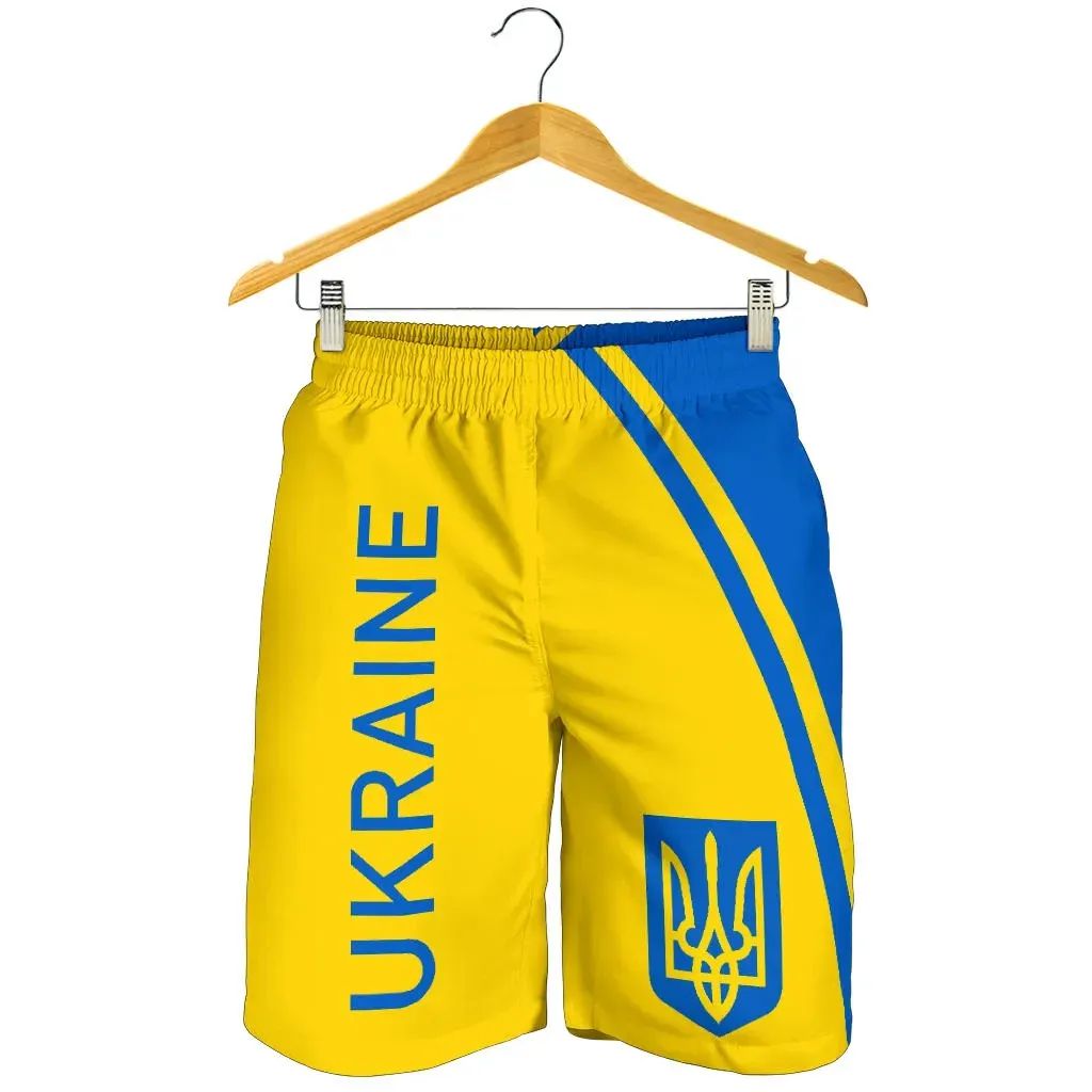 Men's Ukraine shorts in yellow with blue diagonal stripe and trident logo on side