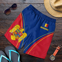 Men's Romania pride shorts in blue and red with yellow trim, crest and stripes