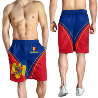 Men's shorts worn by model: blue with red panels, yellow/red stripes and 'ROMANIA'