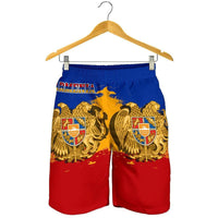 Armenia men's shorts with elastic waistband, eagle crest print in blue/yellow/red