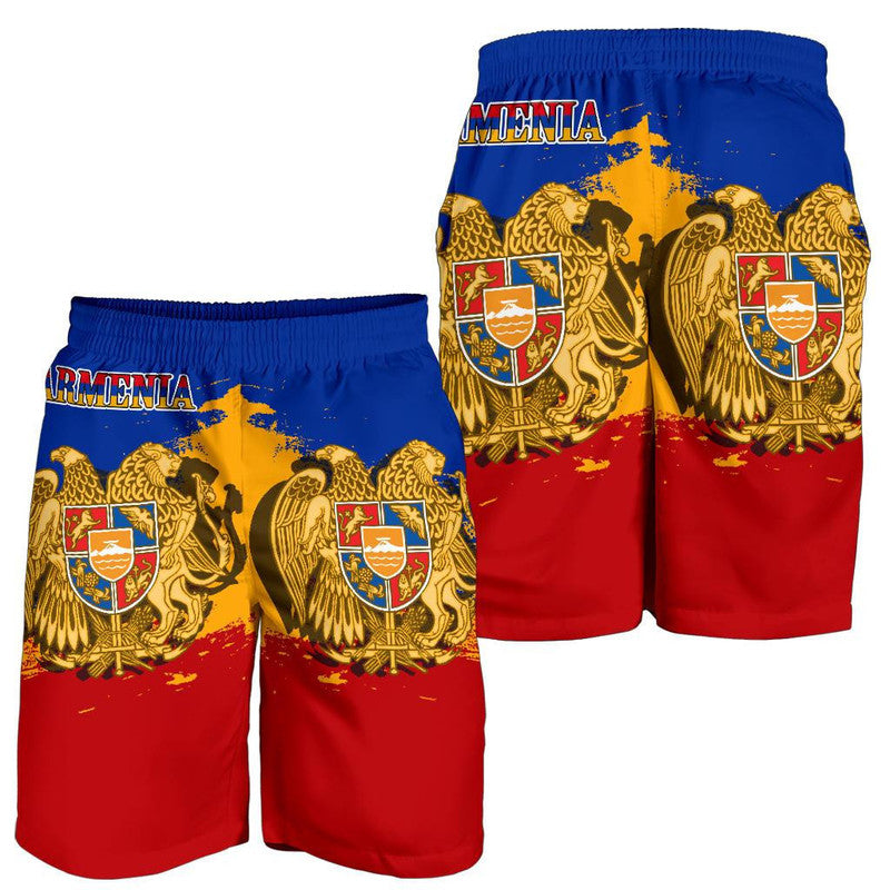 Armenia men's shorts pair: blue/yellow/gold eagle graphic with red lower panels