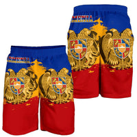 Armenia men's shorts pair: blue/yellow/gold eagle graphic with red lower panels
