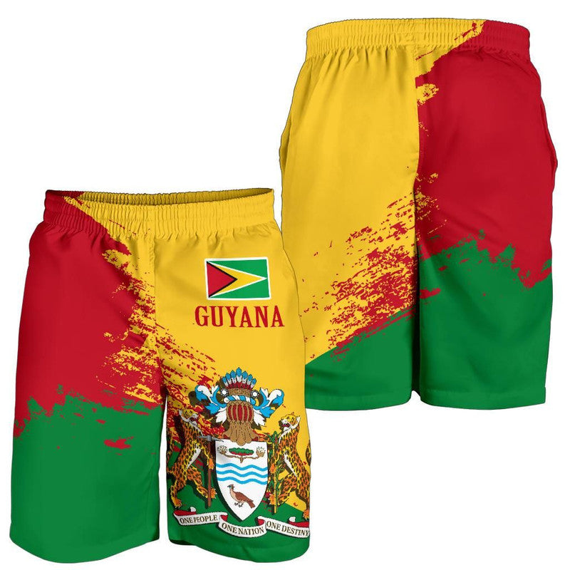 Guyana graphic shorts with elastic waistband, yellow-red-green blocks, side print