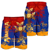 Armenia Khachkar Shorts mit goldenem Kreuz, rot/blau/gelb, Schriftzug RLT8