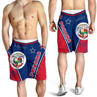 Panama flag shorts on model: elastic waistband, PANAMA side stripe, star and crest print.