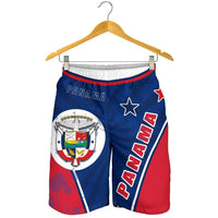 Men's Panama flag swim shorts, elastic waist, stars, circular crest and PANAMA text.