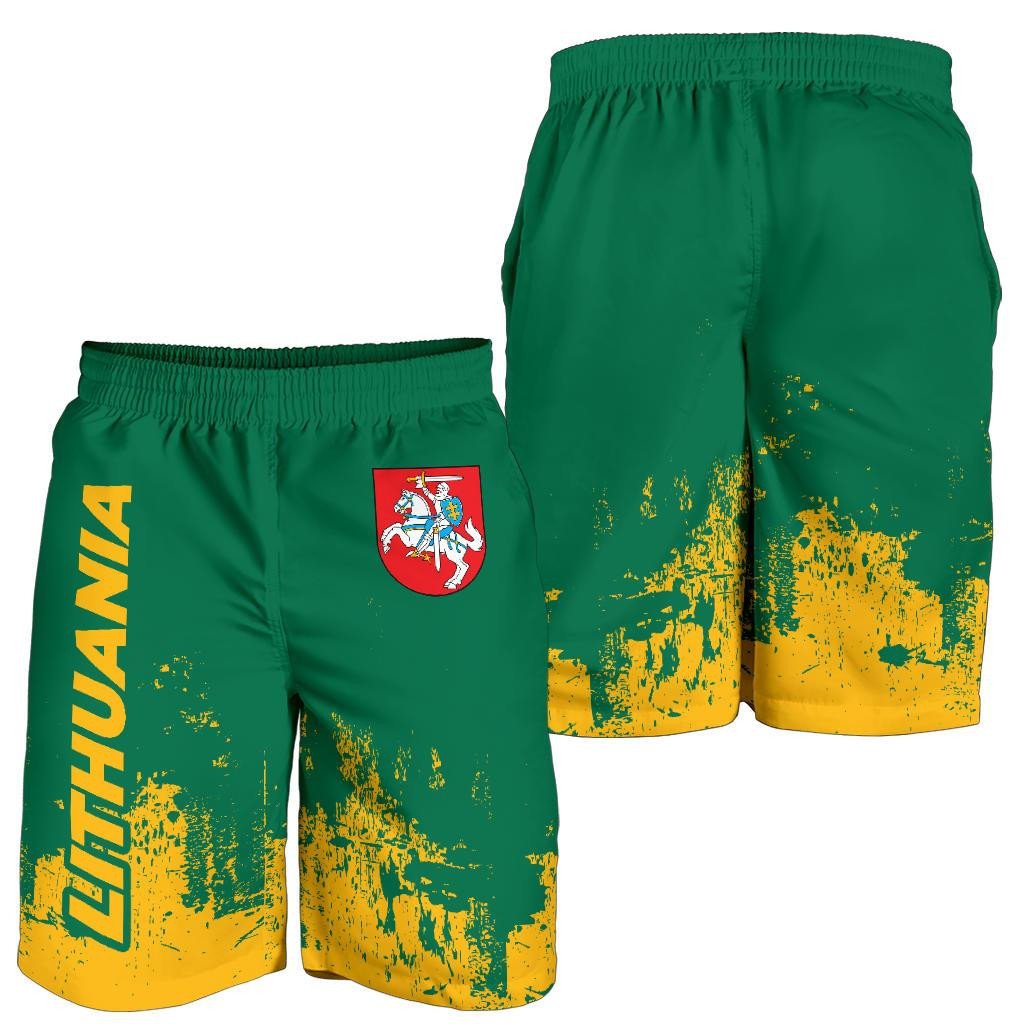 Green swim shorts with yellow graphic splatter and Lithuania crest, elastic waistband