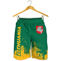 Men’s Lithuania printed swim shorts, green with yellow splatter, elastic waistband