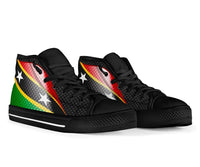 Pair of black high-top sneakers, side view with Saint Kitts and Nevis flag print