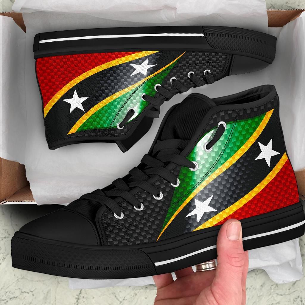 Black high-top sneakers with Saint Kitts and Nevis flag print, lace-up front