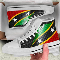 White high-top sneakers in box, Saint Kitts and Nevis flag graphic on side panel