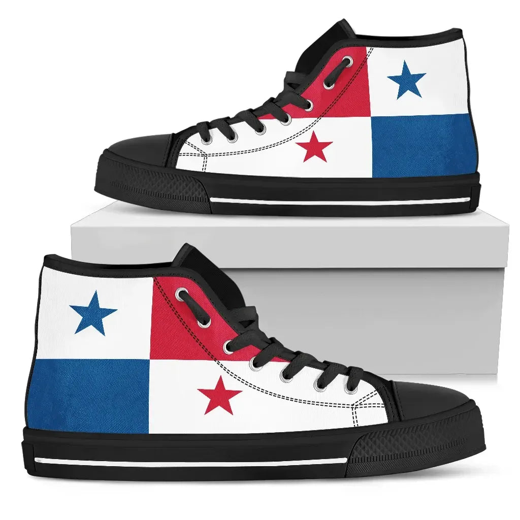 Black high-top canvas sneakers with Panama flag print, red/blue stars, lace-up