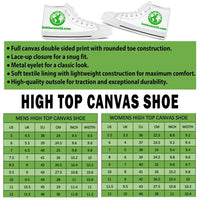 High top canvas shoe size chart and product feature highlights