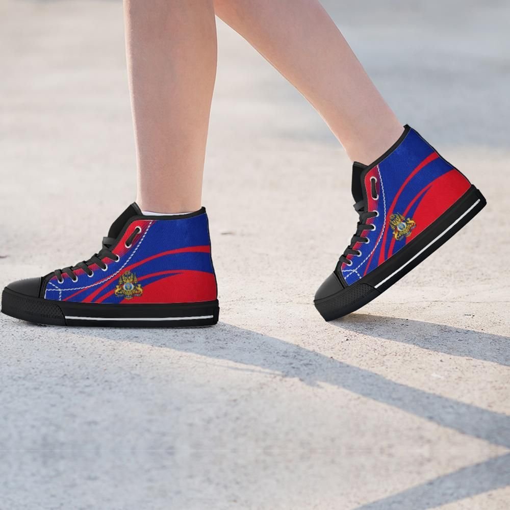 High-top sneakers Cambodia crest, blue/red stripes, black sole