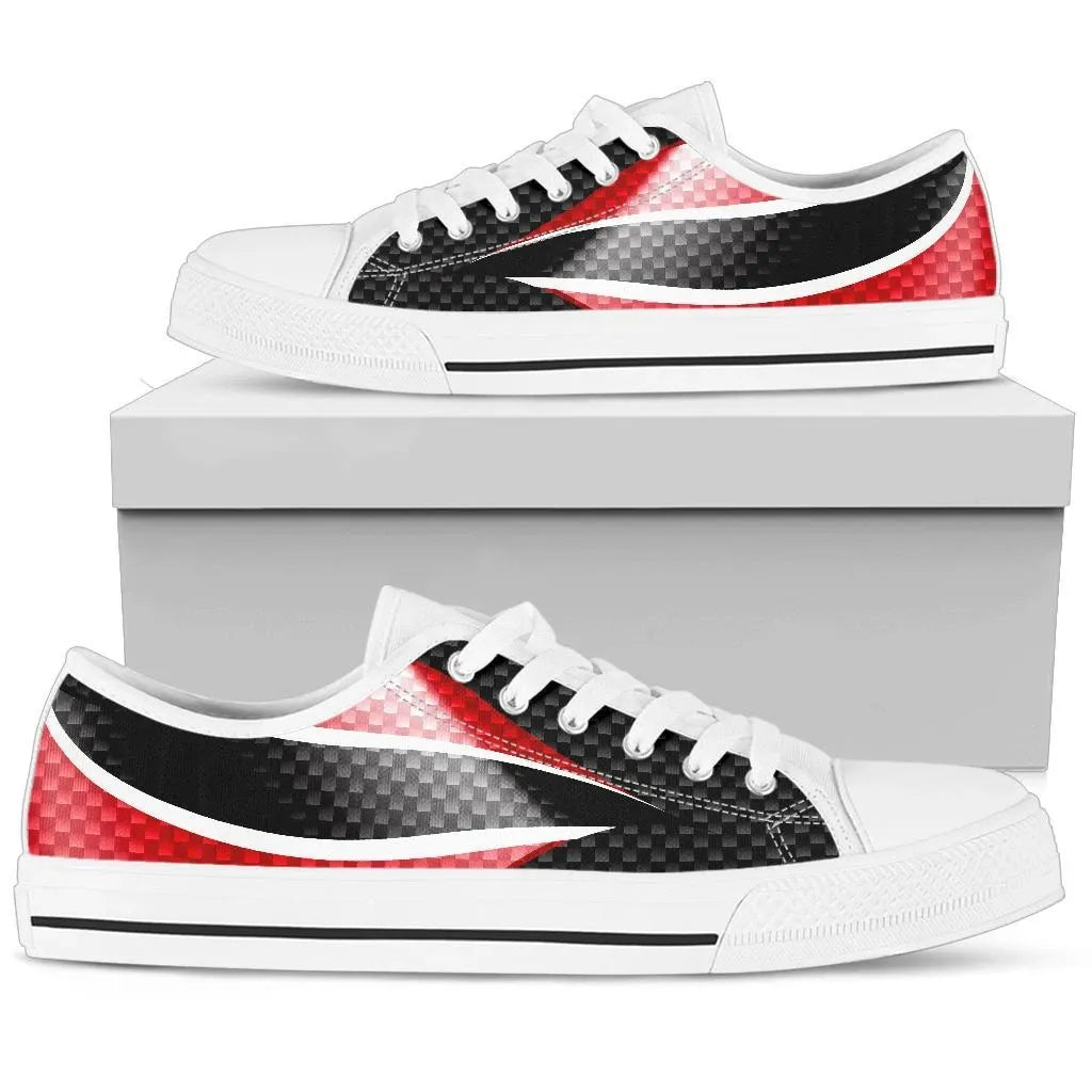White low top sneakers with red-and-white accents and carbon-fiber pattern