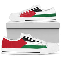Palestinian flag low-top sneakers, white upper, white laces, white sole.
