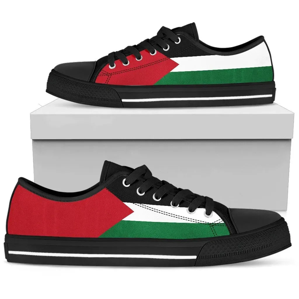 Palestinian flag low-top sneakers, black upper, black laces and sole.