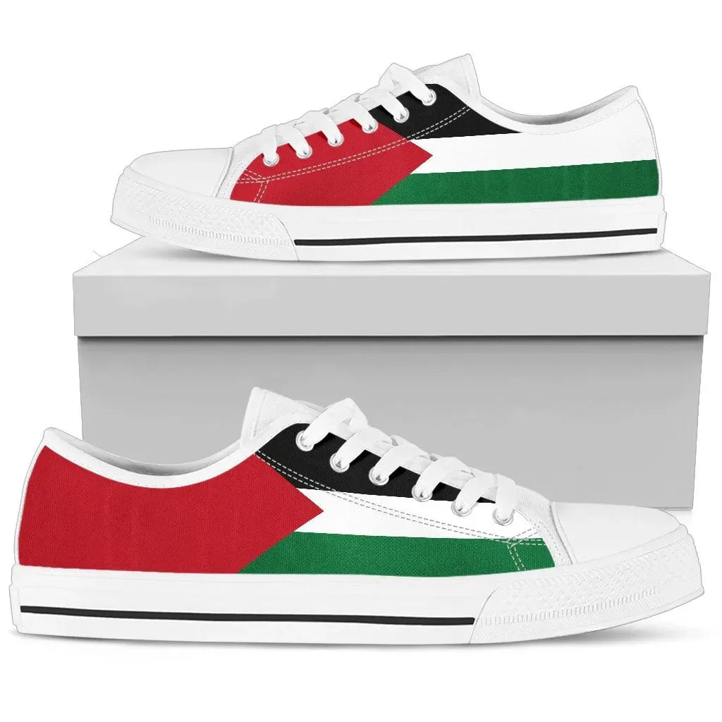 Palestinian flag low-top sneakers pair, white upper with red/green/white color panel.