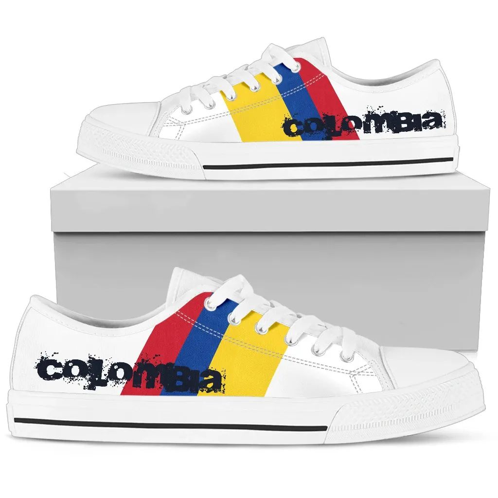 Colombia flag canvas low-top sneakers, white sole, white laces, front view