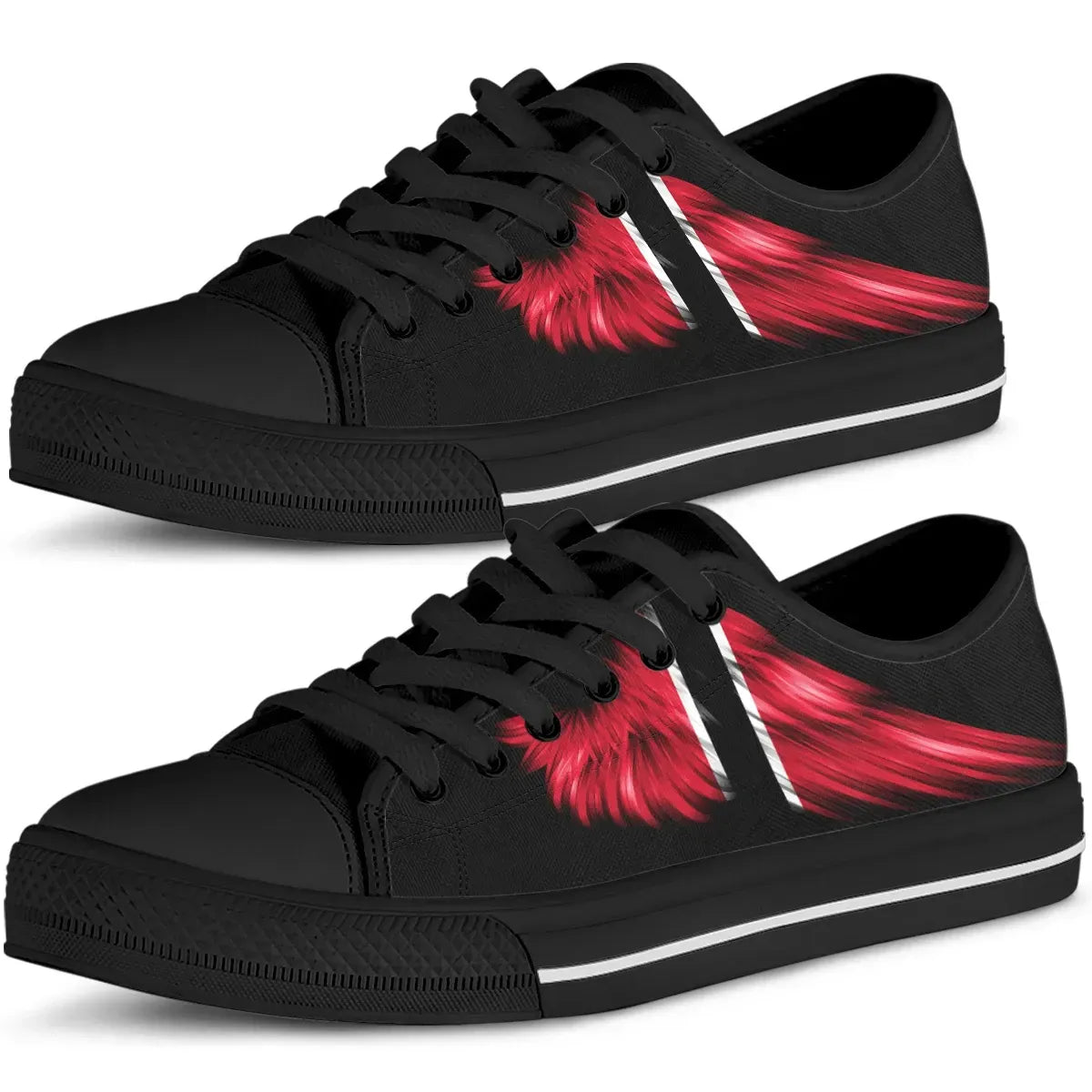 Black low-top canvas sneakers with red wing graphic, striped side, lace-up.